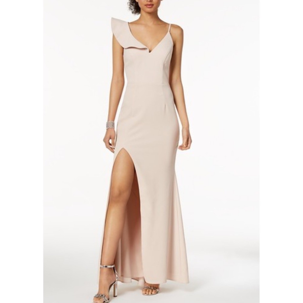 XSCAPE Ruffle Gown Women 10 Blush Pink‎ New One Shoulder V-Neck High Slit 1080X